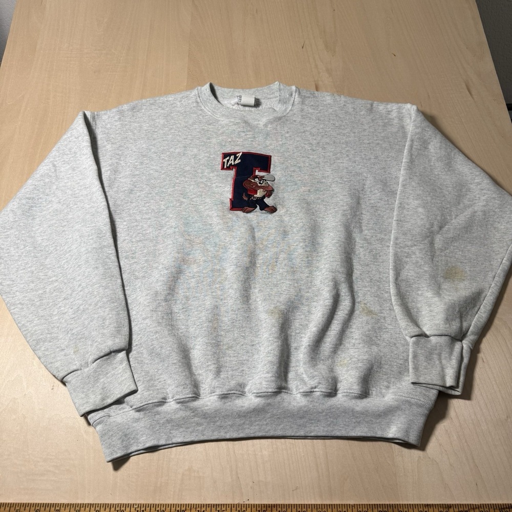 90's LOONEY TUNES TAZ EMBROIDERED GRAY LONG SLEEVE SWEATER SIZE XL‎ MADE IN USA